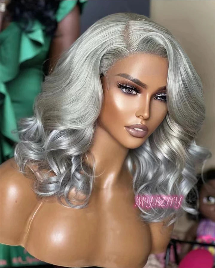 Quality European Hair Sliver Gray Color Wave Short Bob Wig Raw Double Drawn Human Hair Lace Front Wigs