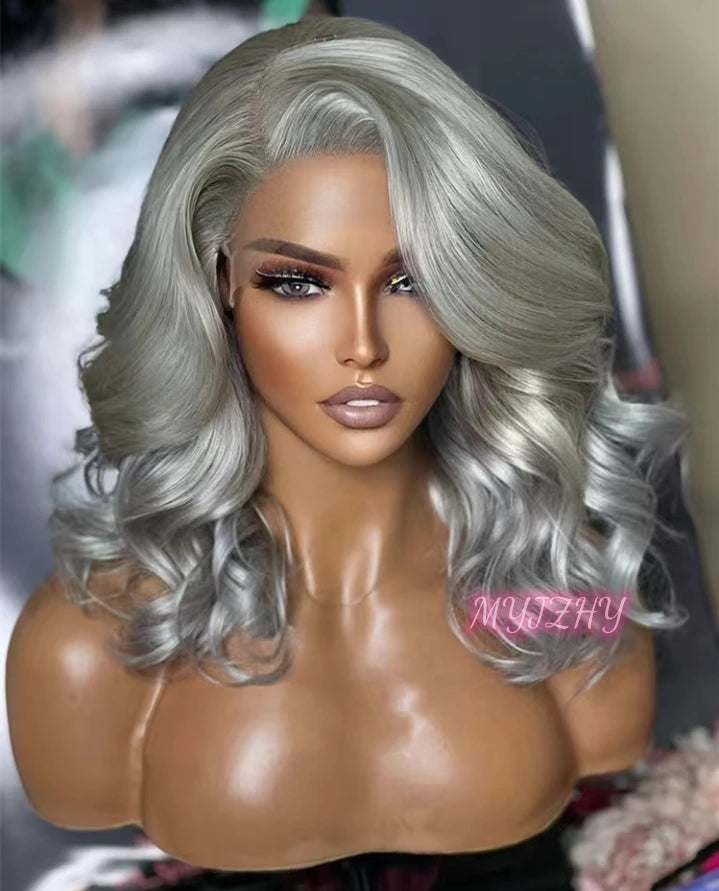 Quality European Hair Sliver Gray Color Wave Short Bob Wig Raw Double Drawn Human Hair Lace Front Wigs