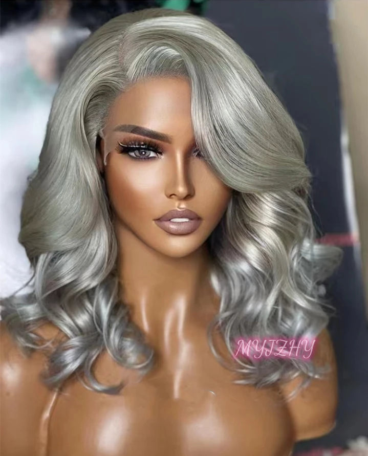Quality European Hair Sliver Gray Color Wave Short Bob Wig Raw Double Drawn Human Hair Lace Front Wigs