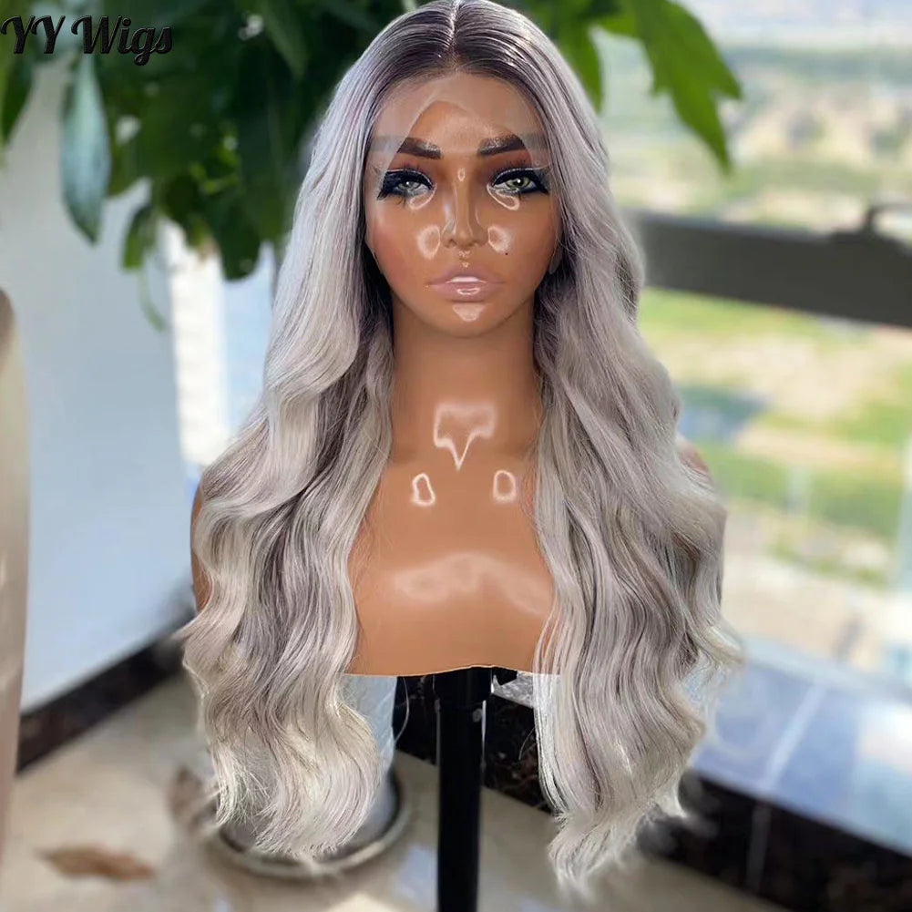 Long Water Wave Ombre Highlights 13X4 Lace Front Wigs  for Black Women Futura Hair Synthetic Heat Resistant Half Hand Tied Wig