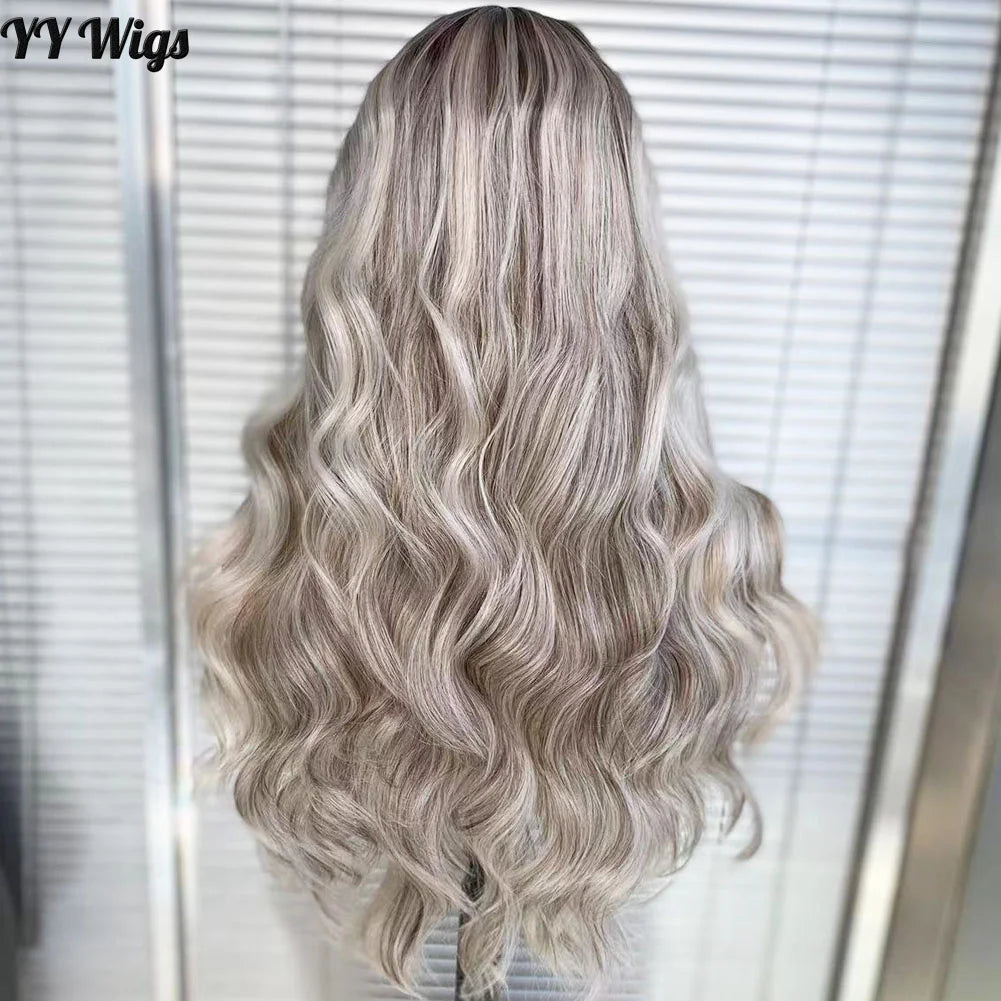 Long Water Wave Ombre Highlights 13X4 Lace Front Wigs  for Black Women Futura Hair Synthetic Heat Resistant Half Hand Tied Wig