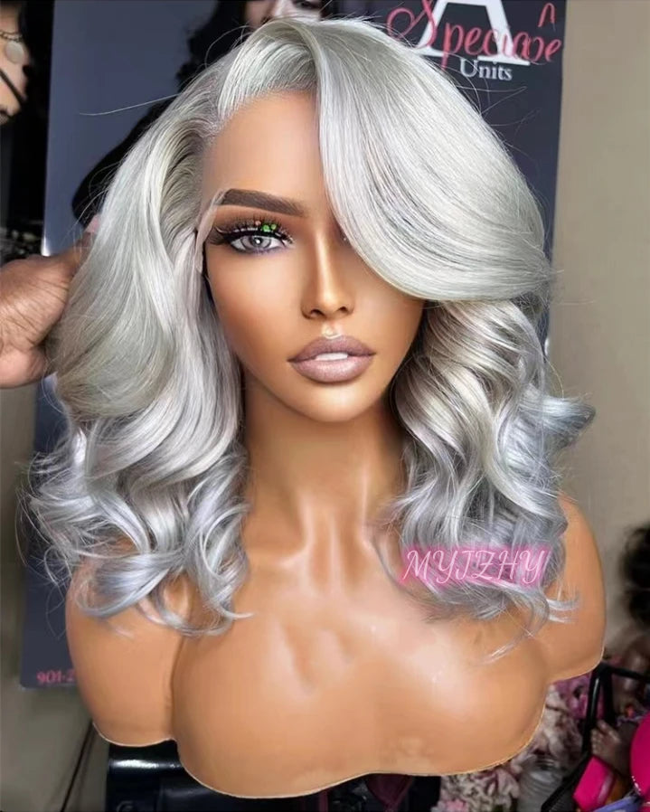 Quality European Hair Sliver Gray Color Wave Short Bob Wig Raw Double Drawn Human Hair Lace Front Wigs