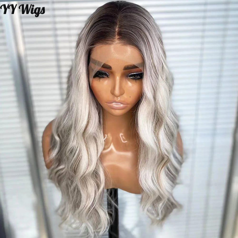 Long Water Wave Ombre Highlights 13X4 Lace Front Wigs  for Black Women Futura Hair Synthetic Heat Resistant Half Hand Tied Wig
