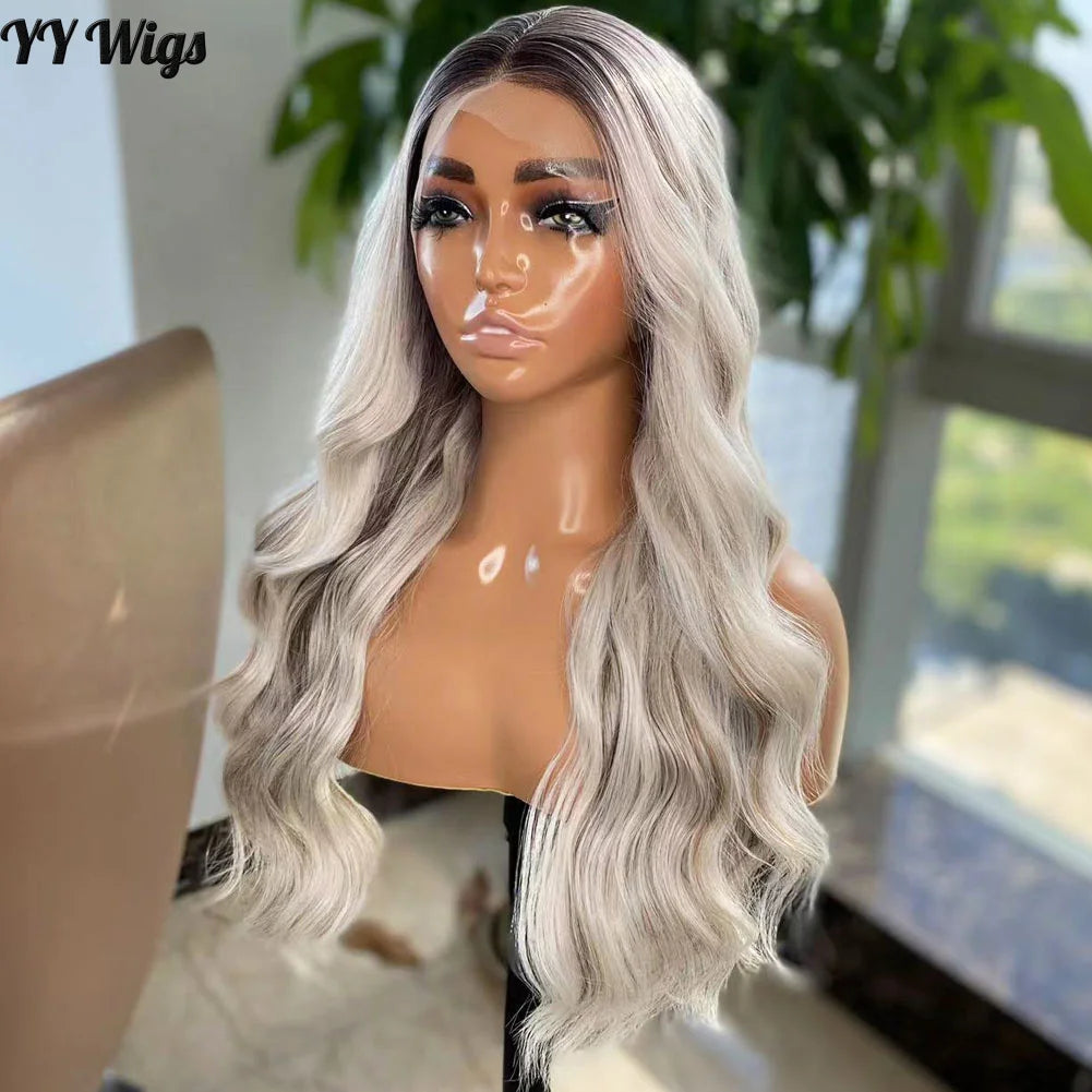 Long Water Wave Ombre Highlights 13X4 Lace Front Wigs  for Black Women Futura Hair Synthetic Heat Resistant Half Hand Tied Wig