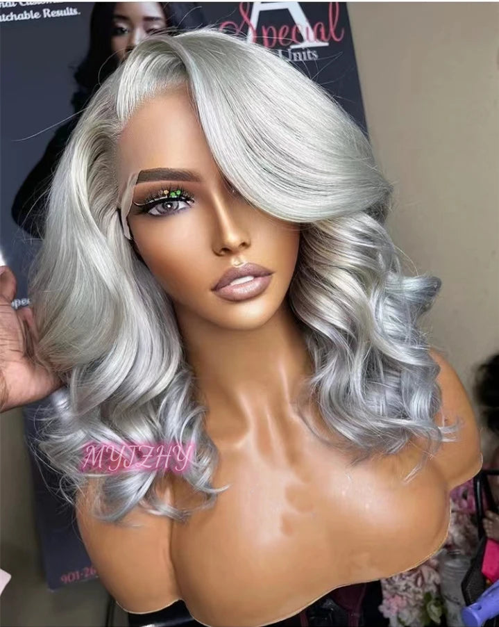 Quality European Hair Sliver Gray Color Wave Short Bob Wig Raw Double Drawn Human Hair Lace Front Wigs
